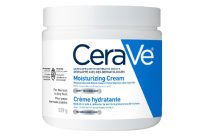 White container of CeraVe Moisturizing Cream, labeled for normal to dry skin, with MVE technology, 539g.