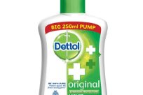 A white bottle of Dettol Original Liquid Handwash with a green pump. The label features a green cross and states Big 250ml Pump and Recommended by Indian Medical Association.