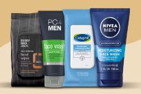 Four mens skincare products: face wipes, PC4Men face wash, Cetaphil cleansing cloths, and Nivea Men moisturizing face wash, displayed side by side.